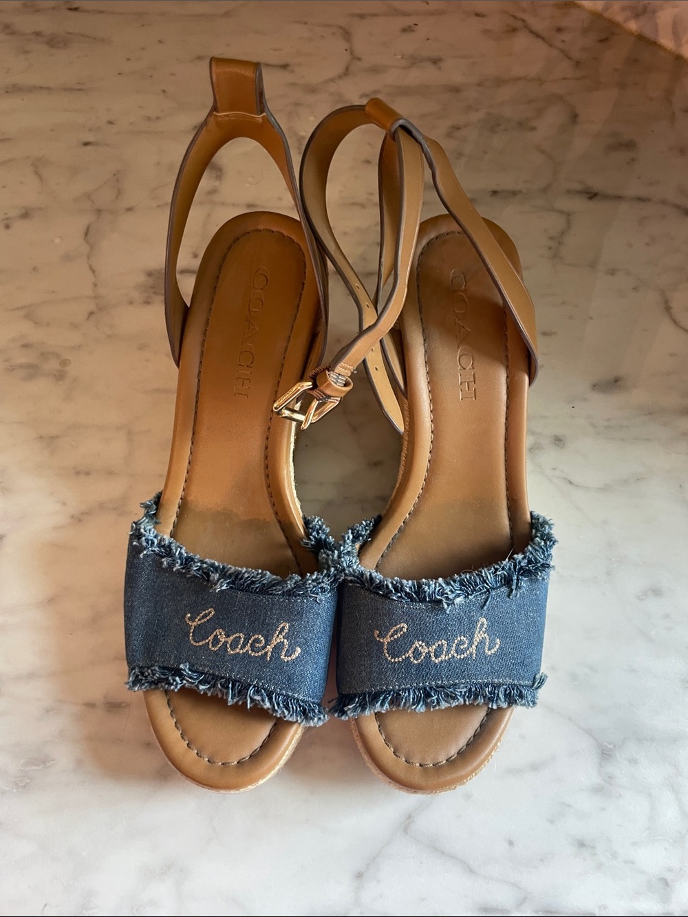 Coach Denim Frayed Slingback Sandals - Blue/Tan